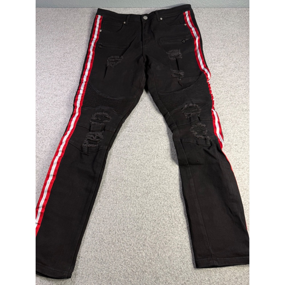 Mens Black Distressed Moto Jeans Red White Side Stripe Ripped Biker Pants 34